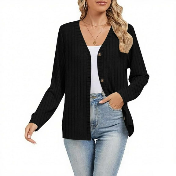 Fanxing Women Cardigans Sweater Open Front Lightweight Button Down Duster Cozy V Neck Vertical Stripes Jacket for Fall Winter Black M