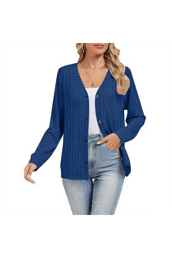 Women Cardigans Sweater Open Front Lightweight Button Down Duster Cozy V Neck Vertical Stripes Jacket for Fall Winter Blue M