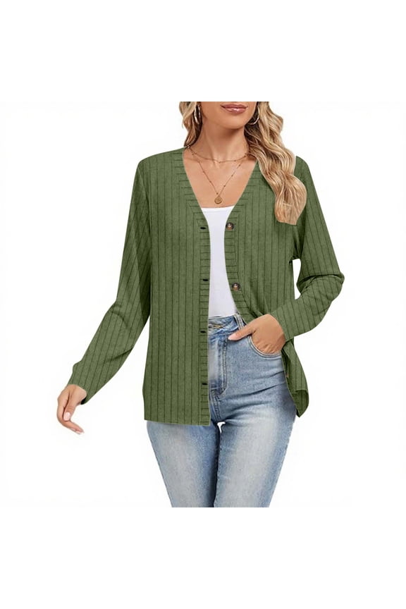 Women Cardigans Sweater Open Front Lightweight Button Down Duster Cozy V Neck Vertical Stripes Jacket for Fall Winter Green L