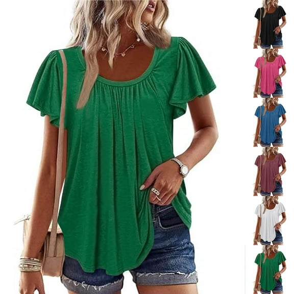 Fanxing Women Casual Pleated T Shirts Fashion Ruffles Short Sleeve Shirts Loose Fit Swing Blouses Black,M
