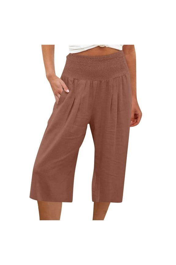Women Casual Summer Casual Capri Pants Linen Elastic Capris Crop Loose Fit Cotton Linen Wide Leg Capri Wide Leg Pants XS,S,M,L,XL,XXL