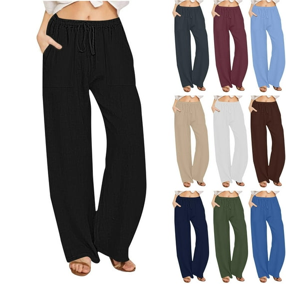 Fanxing Women Chambray Pants Summer High Waisted Cotton Linen Palazzo Pants Wide Leg Long Lounge Pant Trousers with Pocket Deals 2025 Navy,S