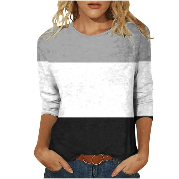 Fanxing Women Colorblock Tops Summer 3/4 Sleeve Shirt Casual Round Neck T-Shirt Loose Casual Blouse Shirt for Juniors S,M,L,XL,XXL