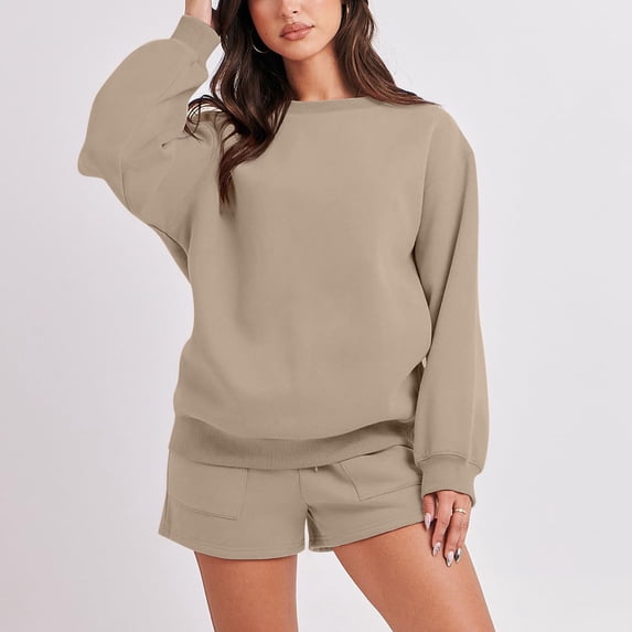 Fanxing Women Comfy Fleece Sweatshirts with Shorts Outfits 2 Pcs Sets Loose Fit Crewneck Shorts Sweatsuit Basic Solid Outfit Sets Christmas Khaki,S