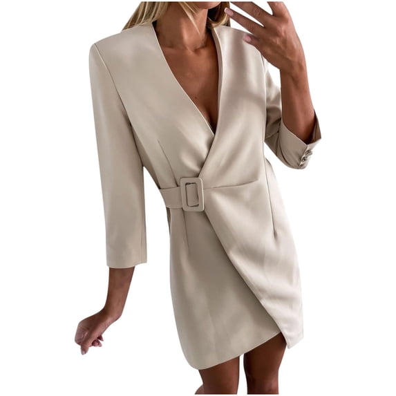 Fanxing Women Elegant Casual Work Office Events Blazer Dresses Single Breasted Asymmetric Blazer Dress Beige,S Female
