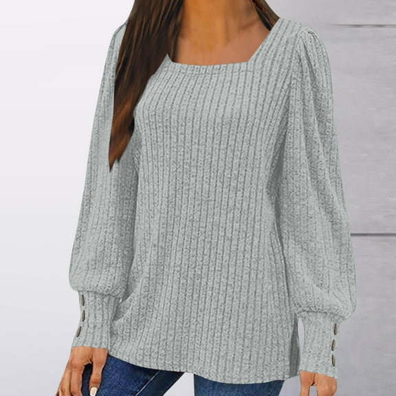 Fanxing Women Fall Winter Sweater 2025 Casual Knit Long Sleeve Pullover Blouse Trendy Square Neck Dressy Tunic Knitwear Tops Gray XL