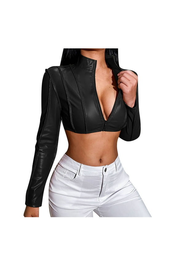 Women Faux Leather Jacket Coat Y2K Moto Cropped Jackets Casual V Neck Full Zip Long Sleeve Coat Stand Collar Crop Top Outerwear S/M/L