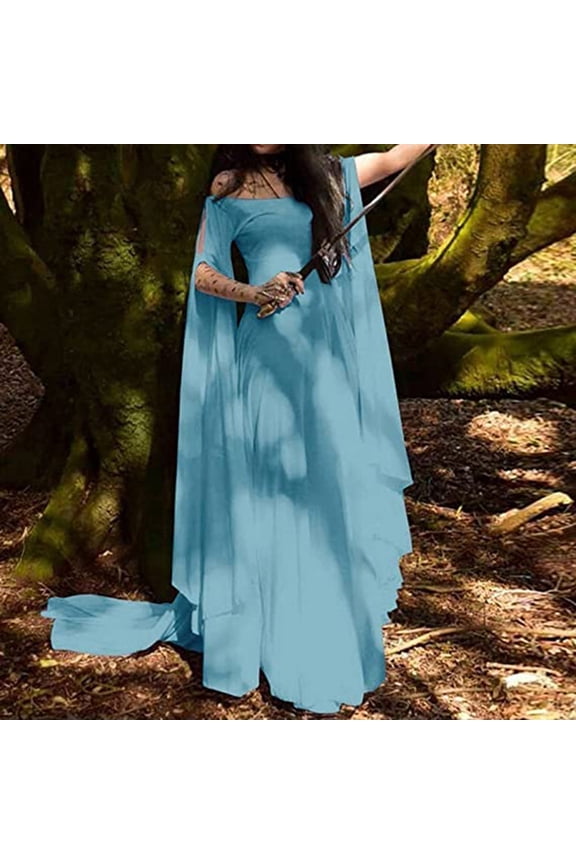 Women Halloween Medieval Dress Plus Size Peasant Dresses Cold Shoulder Butterfly Sleeve Prom Gowns Retro Victorian Fairy Dress Full Length Corset Dress Light Blue,XXXXXL