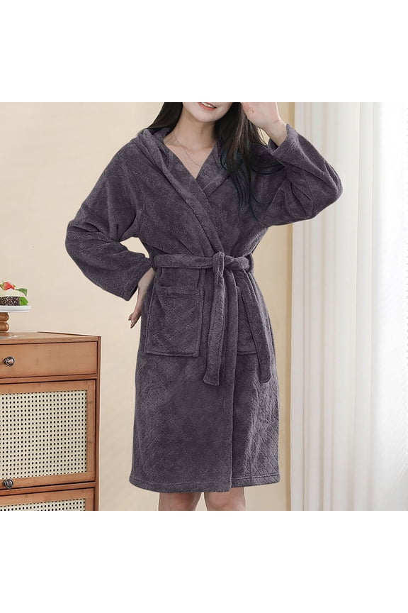 Women Hooded Fleece Robe, Short Plush Robes for Womens With Hood Soft Warm Spa Bathrobe Dark Gray Free Size