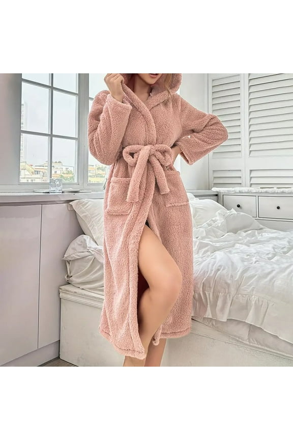 Women Hooded Plush Soft Robes with Pocket | Fluffy Warm Fleece Sherpa Shaggy Bathrobe with Belt Pink M