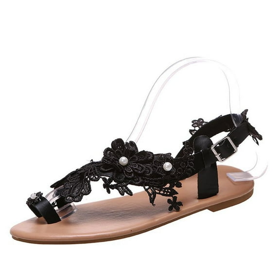 Fanxing Women Lace Sandals, Women's 2025 Fashion Cute Strappy Open Toe Flat Sandal Summer Flip Flops Slippers Beach Travel Shoes