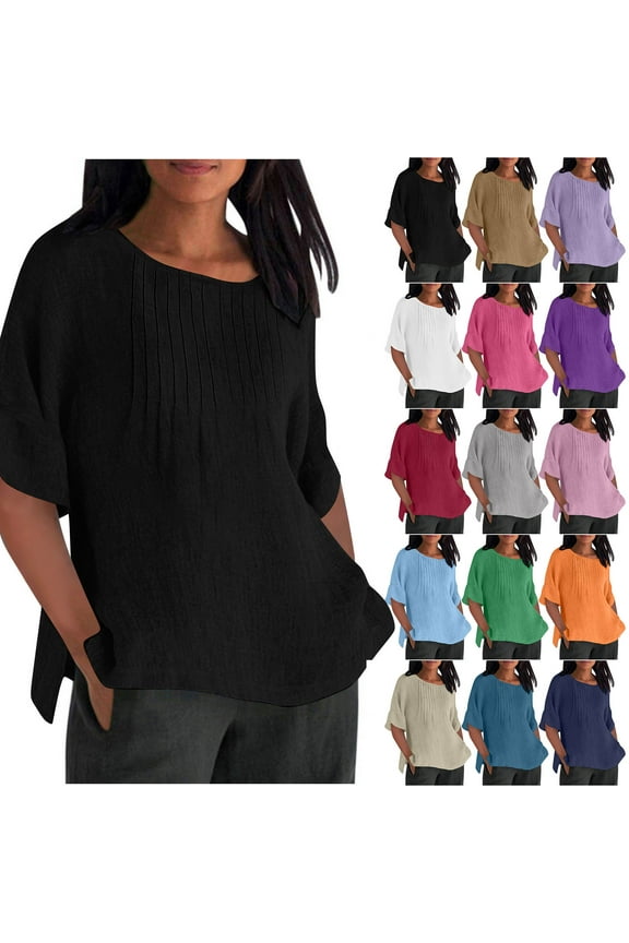 Women Linen Shirts Plus Size Pleated Blouses Oversized Short Sleeve Boxy Shirts Durable Crewneck Summer Tops Boho Vacation Blouses S-5XL