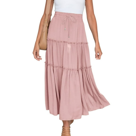 Fanxing Women Long Skirt Solid Pleated Casual Ruched Maxi Skirts Flowy Elastic Waist Ruffles Skirts Pink,S