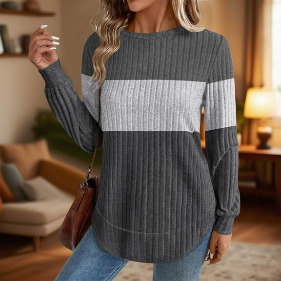 Fanxing Women Long Sleeve Sweater Color Block Stretch Soft Warm Jumper Tops Crewneck Curved Hem Thermal Tunic Blouses Gray 2XL
