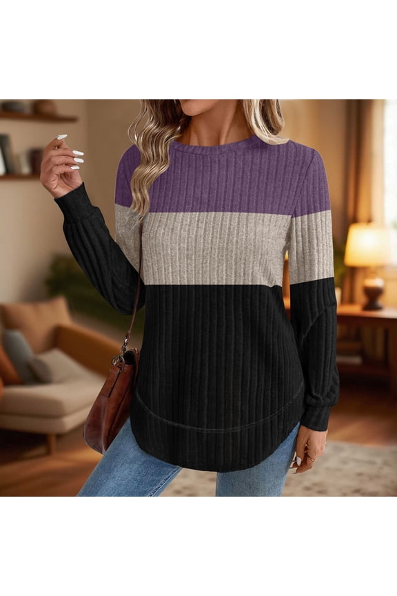 Women Long Sleeve Sweater Color Block Stretch Soft Warm Jumper Tops Crewneck Curved Hem Thermal Tunic Blouses Purple M