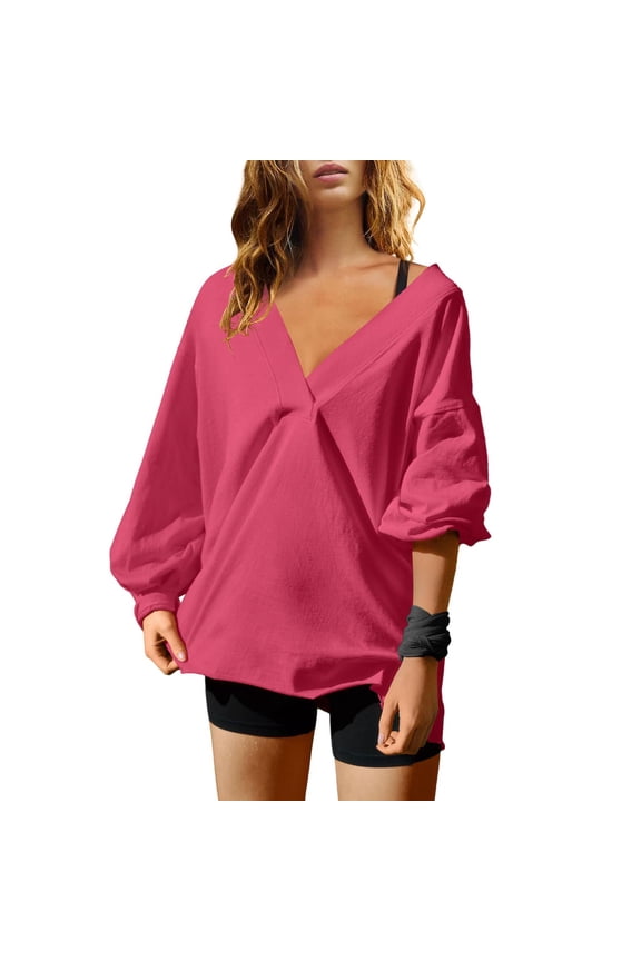 Women Low Cut V Neck Shirts Drop Shoulder Tops Oversized Blouses Casual Solid Color Fall Blouses Orders Placed My Account Recently Today Hot Pink,XL