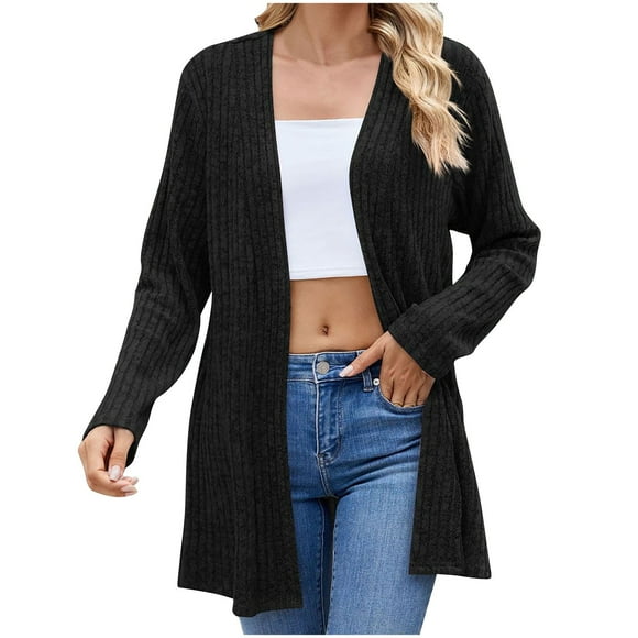 Fanxing Women Open Front Cardigans Comfort Brushed Knitted Long Cardigan Slim Fit Long Sleeve Jacket Stretch Duster Outerwear Previous Orders History Black,XXL