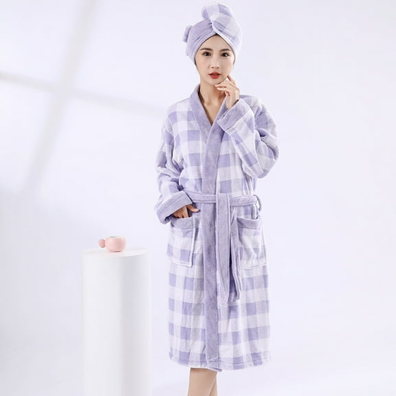 Fanxing Women Plaid Fleece Hooded Robes with Shower Cap Long Sleeve Thick Soft Quick-Dry Bathrobe with Belt and Pockets for Home Purple Free Size
