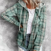 Fanxing Women Plaid Hoodies Shirts Flannel Shacket Jacket Fall Casual Plaid Button Down Long Sleeve Shirt Fall Clothes S,M,L,XL,XXL