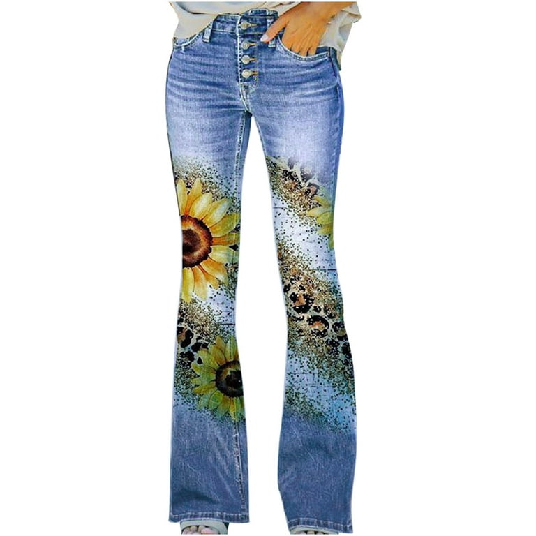 Fanxing Women Plus Jeans Floral Butterfly Printed Jeans Mid-Rise