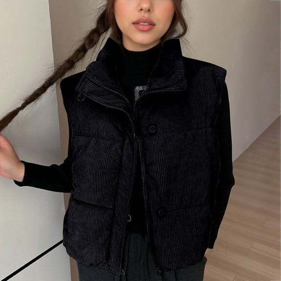 Fanxing Women Puffer Vest Stand Collar Sleeveless Winter Warm Jackets Padded Outerwear Thicken Button Down Gilet with Pockets Black L
