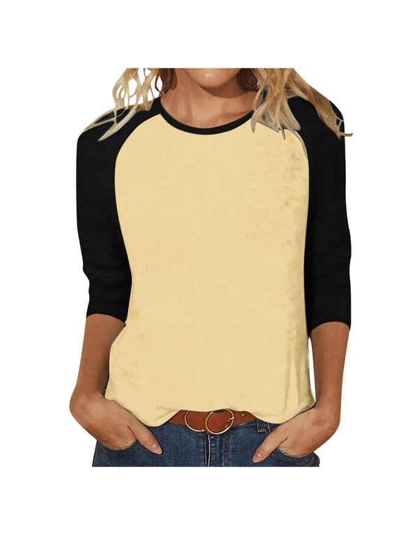 Women Raglan Sleeve Baseball T-Shirts Summer Casual 3/4 Sleeve Tops Loose Fit Pullover Colorblock Crewneck Blouse Beige,L Female