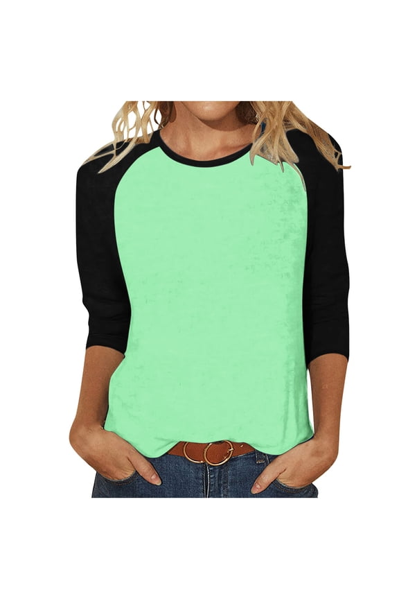 Women Raglan Sleeve Baseball T-Shirts Summer Casual 3/4 Sleeve Tops Loose Fit Pullover Colorblock Crewneck Blouse Mint Green,M Female