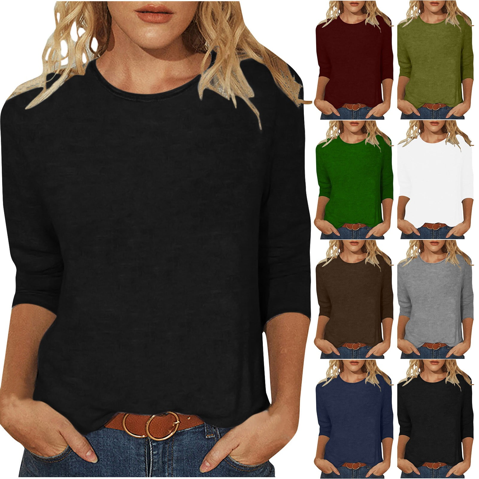 Women's Raglan Baseball Tee - 3/4 Sleeve Round Neck Patchwork Print Blouse, Red - View #10