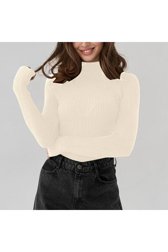 Women Ribbed Turtleneck Sweater Knit Slim Fit Long Sleeve Pullover Tops Fall Winter Basic Sweaters Beige Free Size