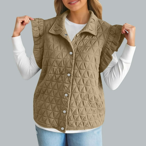Fanxing Women Ruffles Puffer Puffer Vest Sleeveless Button Down Qulited Jacket Gilet Trendy Fall Winter Lapel Outerwear Khaki 2XL