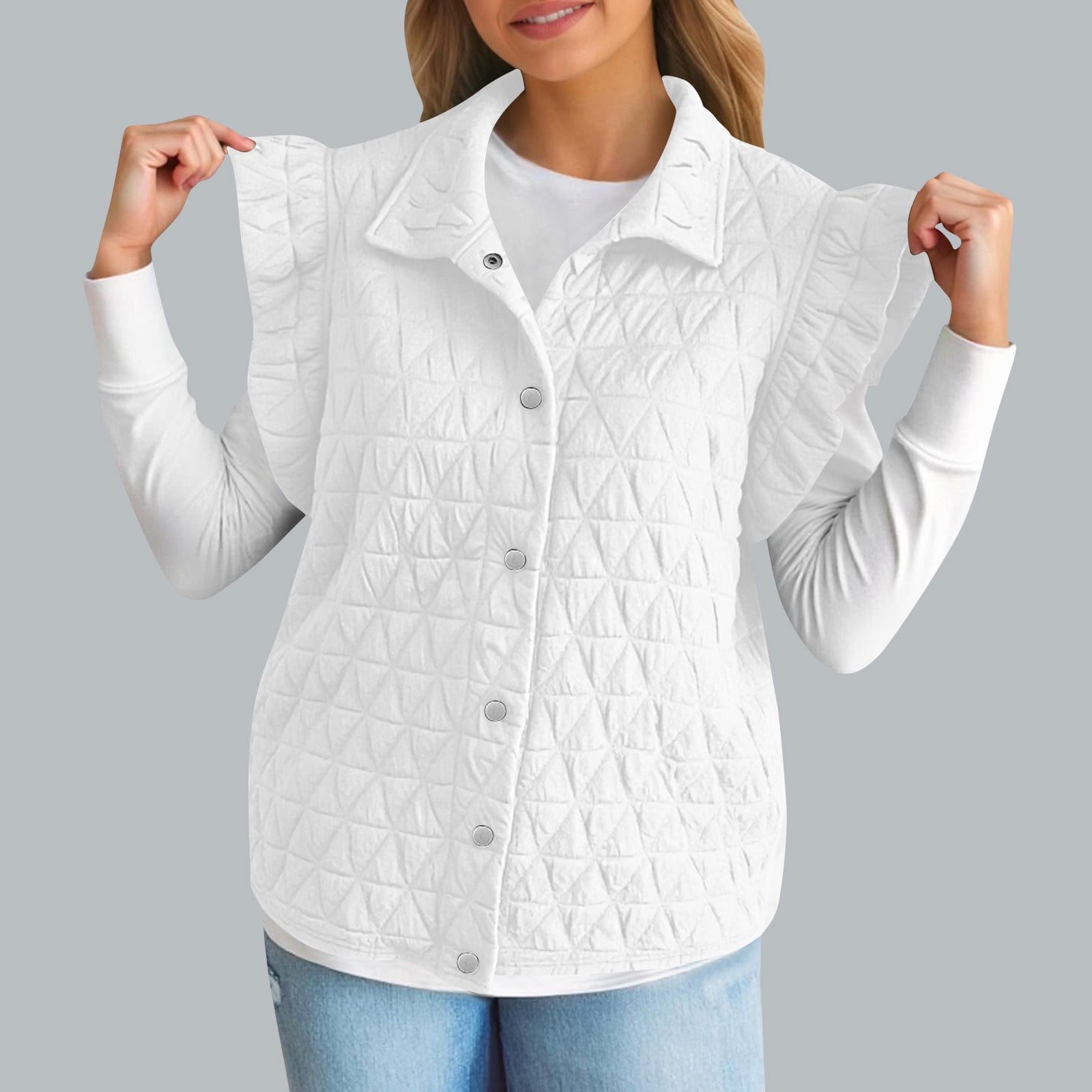 Winter Jacket Roffles Fanxing Women Ruffles Puffer Puffer Vest Sleeveless Button Down Qulited ...