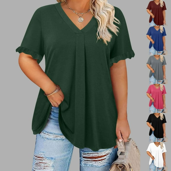 Fanxing Women'S Plus Size Summer Tunics Blue Curvy V Neck T Shirts Pleated Tunics