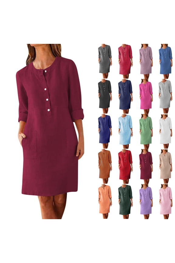 Women Straight Dresses Summer 3/4 Long Sleeve Dress Cotton Linen Ankle Length Dresses Casual Button Down Midi Dress Black,XXXXL