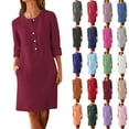 thumbnail image 1 of Fanxing Women Straight Dresses Summer 3/4 Long Sleeve Dress Cotton Linen Ankle Length Dresses Casual Button Down Midi Dress Red,XL, 1 of 6