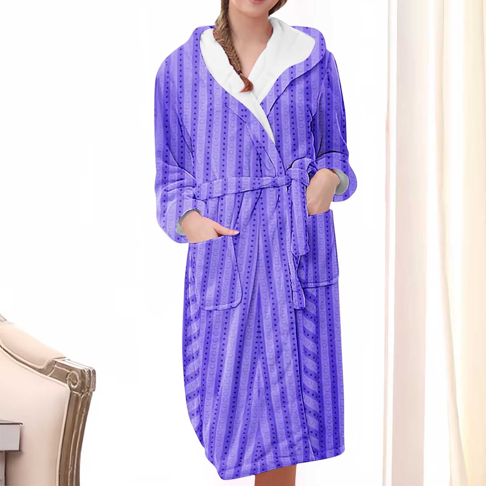 Fanxing Women Striped Gradient Robes Plush House Coat Warm Sleepwear ...