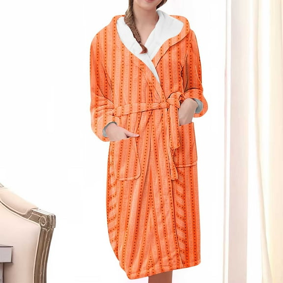 Fanxing Women Striped Gradient Robes Plush House Coat Warm Sleepwear Robe Casual Cozy Shaggy Long Bathrobe with Belt Orange 3XL