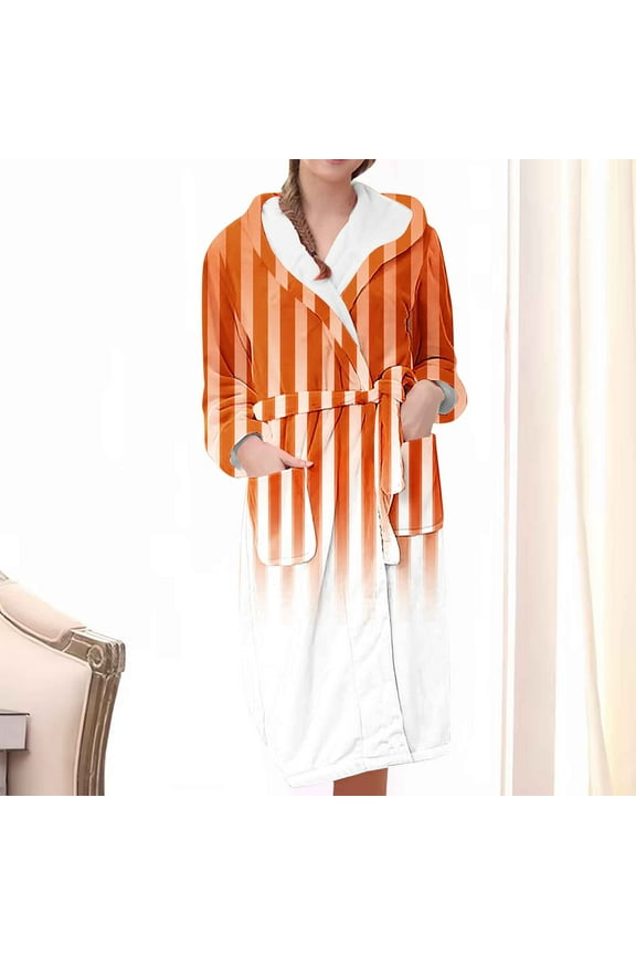 Women Striped Gradient Robes Plush Lined House Thermal Sleepwear Robe Casual Cozy Shaggy Long Bathrobe with Belt Orange 2XL