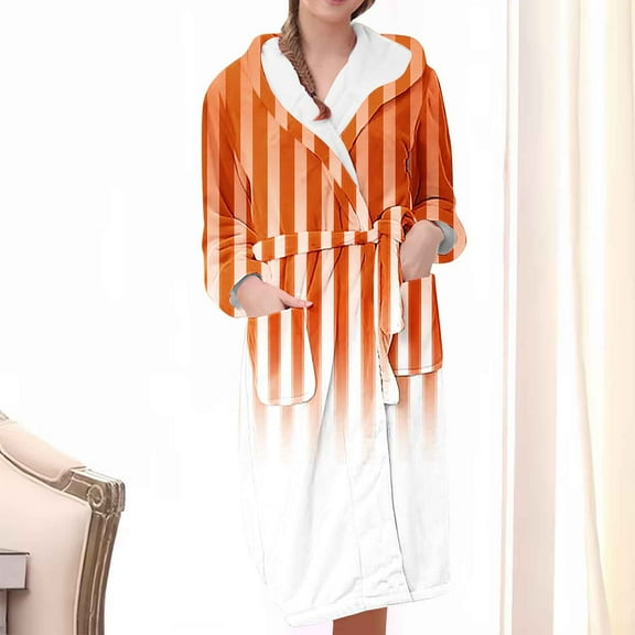 Fanxing Women Striped Gradient Robes Plush Lined House Thermal Sleepwear Robe Casual Cozy Shaggy Long Bathrobe with Belt Orange M