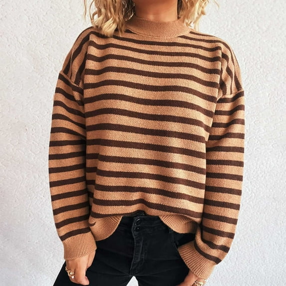 Fanxing Women Striped Pullover Sweater Casual Loose Crewneck Long Sleeve Knit Jumper Tops Khaki L