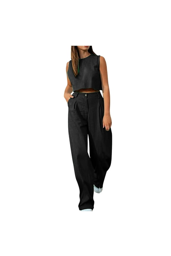 Women Summer 2 Piece Sets Sleeveless Crop Tops with High Waisted Cargo Pants Juniors Casual Tank Tops with Long Pants S,M,L,XL,XXL,XXXL,XXXXL