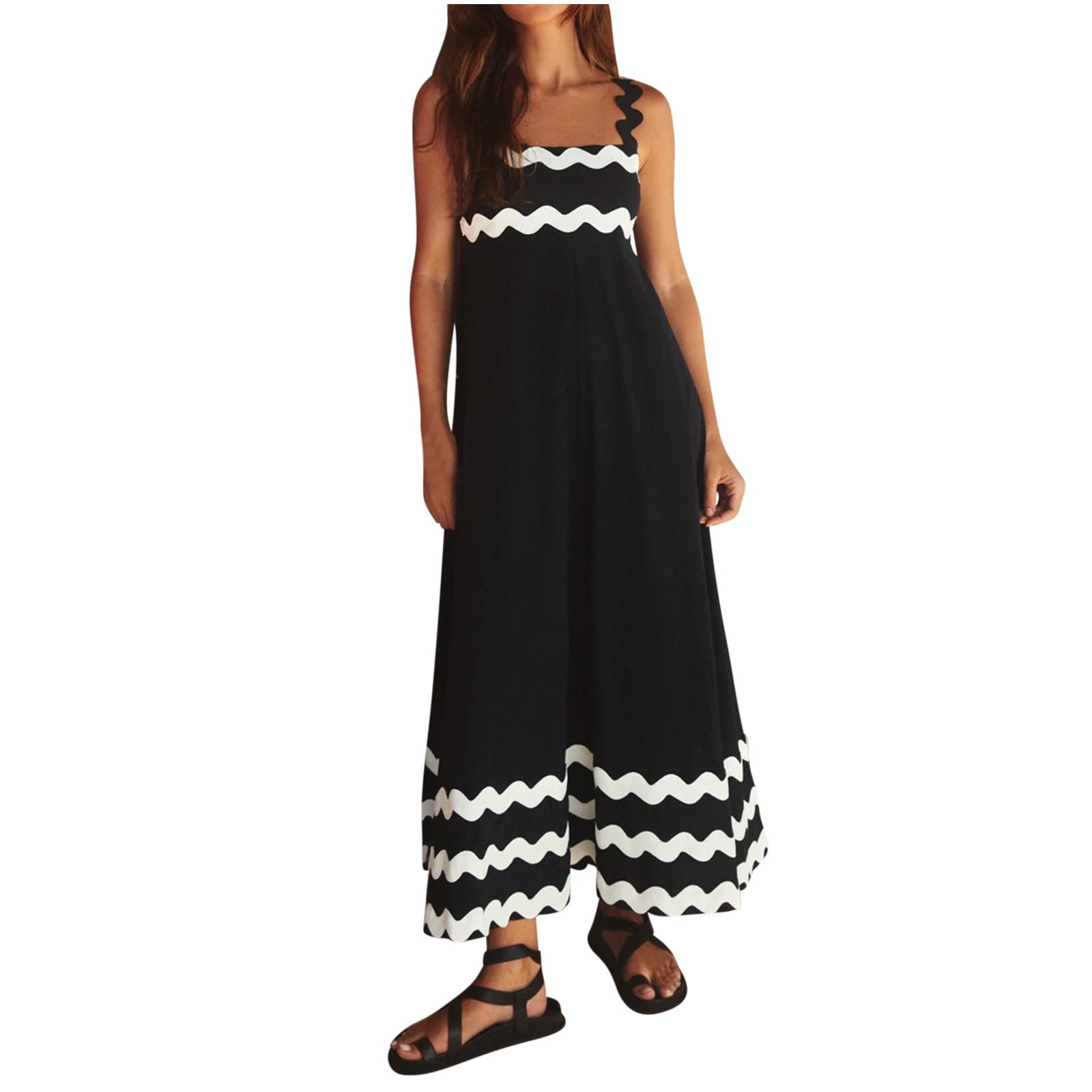 Fanxing Women Summer Dresses 2025 Spaghetti Straps Sleeveless Smocked Rickrack Trim Boho Flowy Loose A-Line Midi Dress Black,M Feamale