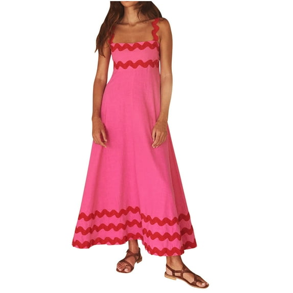 Fanxing Women Summer Dresses 2025 Spaghetti Straps Sleeveless Smocked Rickrack Trim Boho Flowy Loose A-Line Midi Dress Hot Pink,L Feamale