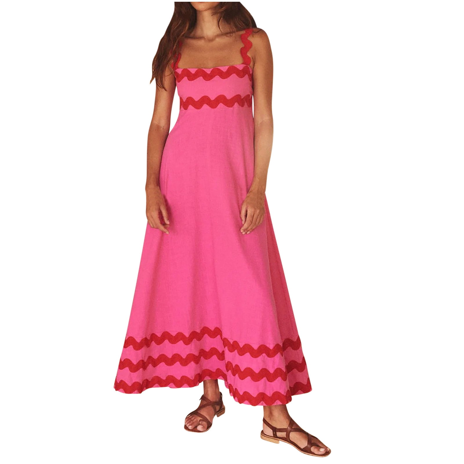 Fanxing Women Summer Dresses 2025 Spaghetti Straps Sleeveless Smocked Rickrack Trim Boho Flowy Loose A-Line Midi Dress Hot Pink,M Feamale