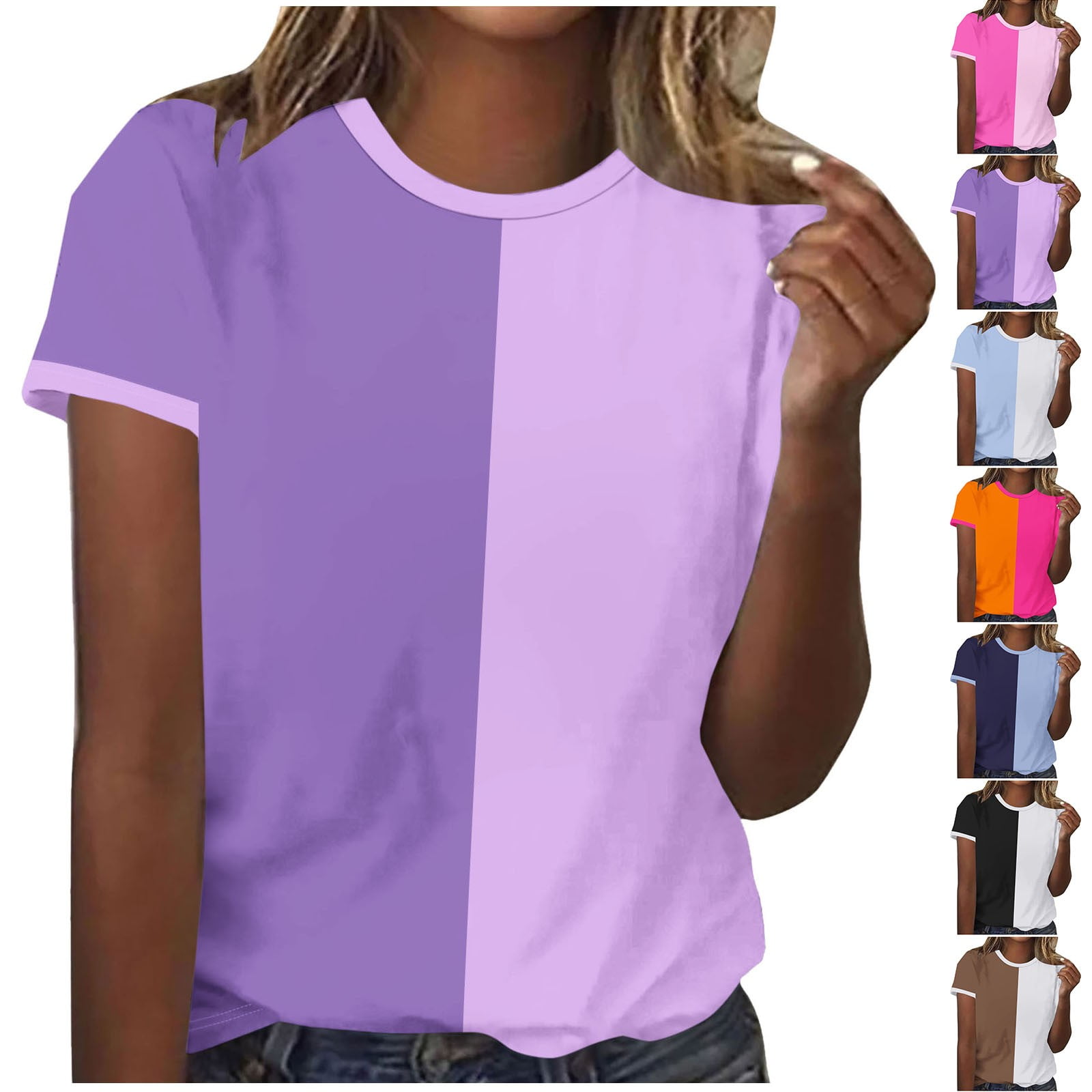 Women Summer Casual Colorblock Dot O-Neck T-Shirt