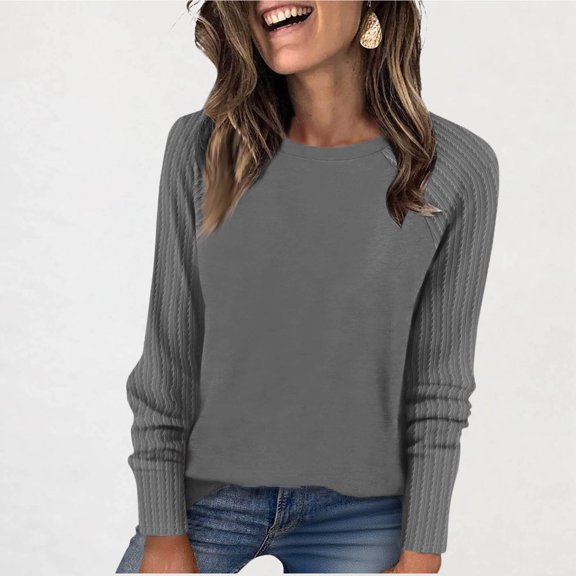 Fanxing Women Tops Long Sleeve Lightweight Jacquard Sleeve Knit Shirts Soft Crew Neck Underwear Blouse Basic Swaetshirts Gray S