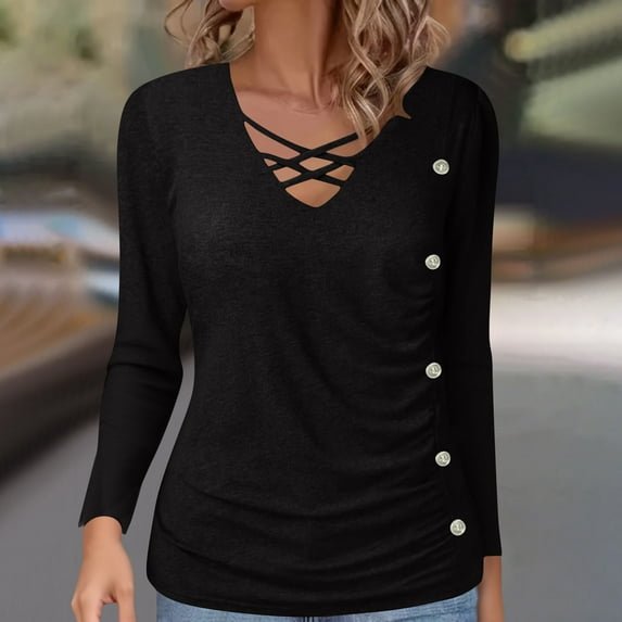 Fanxing Women Tops Plus Size Criss Cross V Neck Tunic T-Shirts Dressy Casual Long Sleeve Buttons Decor Ruched Blouse Black 3XL