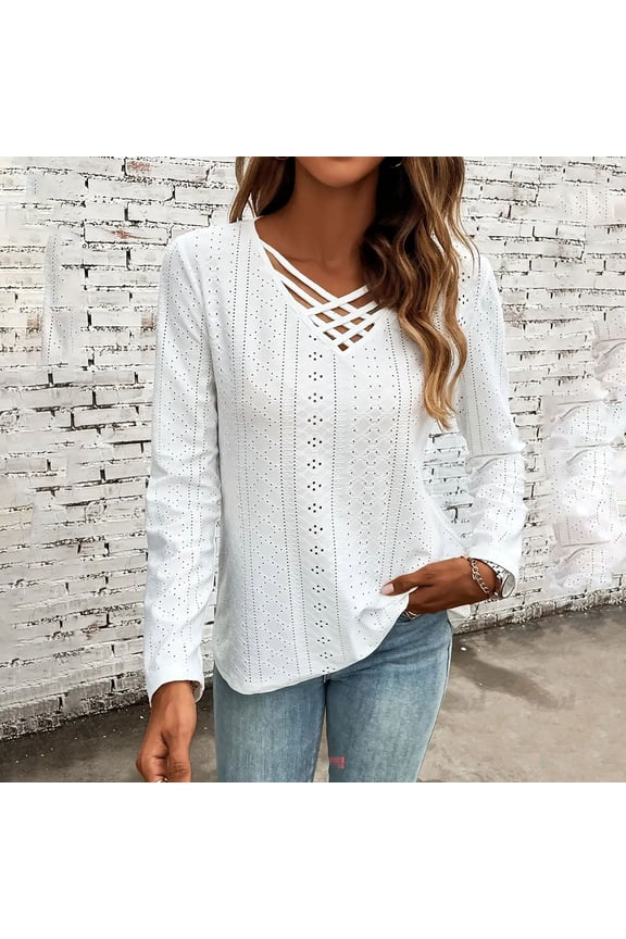 Women V Neck Long Sleeve Shirts Under $15 Fashion Cirss Cross Eyelet Tops Loose Fit Summer Tunic T Shirt White,XXL