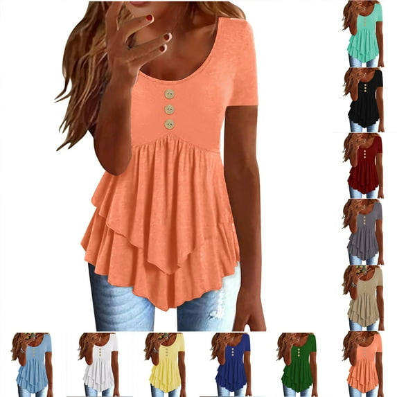 Fanxing Women V Neck Tunics Short Sleeve Ruffle Tiered Layered Flowy Blouses Slim Fitted T-Shirts Basic Tees 2025 Summer Going Out Tops Khaki,XXL