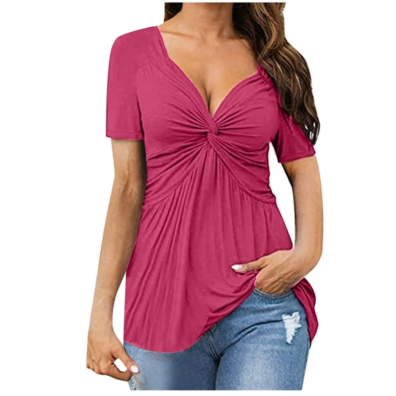 Fanxing Women V-Neck Twist Front Tops Plus Size Knotted Tunics Blouse Elegant Short Sleeve Shirt Casual T-Shirt Solid Color Pullover Hot Pink,XXXXL Female