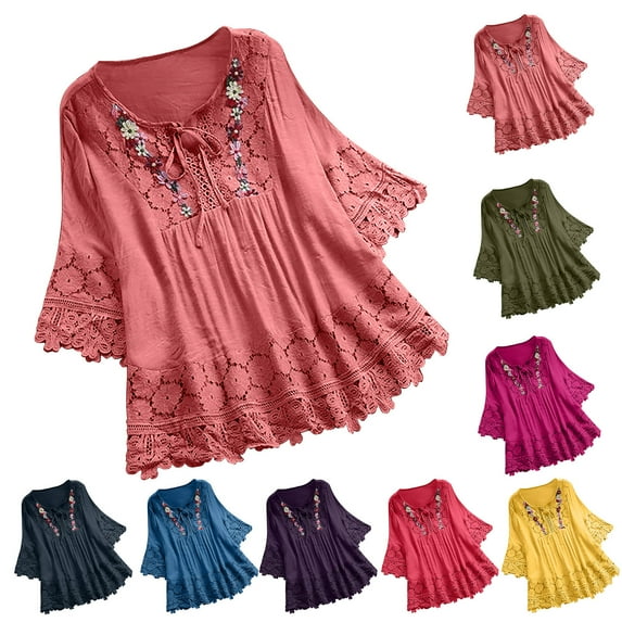 Fanxing Women Vintage Peasant Tops Plus Size Tie Front V Neck Shirts Boho Floral 3/4 Sleeve T-Shirt Flowy Blouse Lace Patchwork Tunic Tops Army Green,XXXL